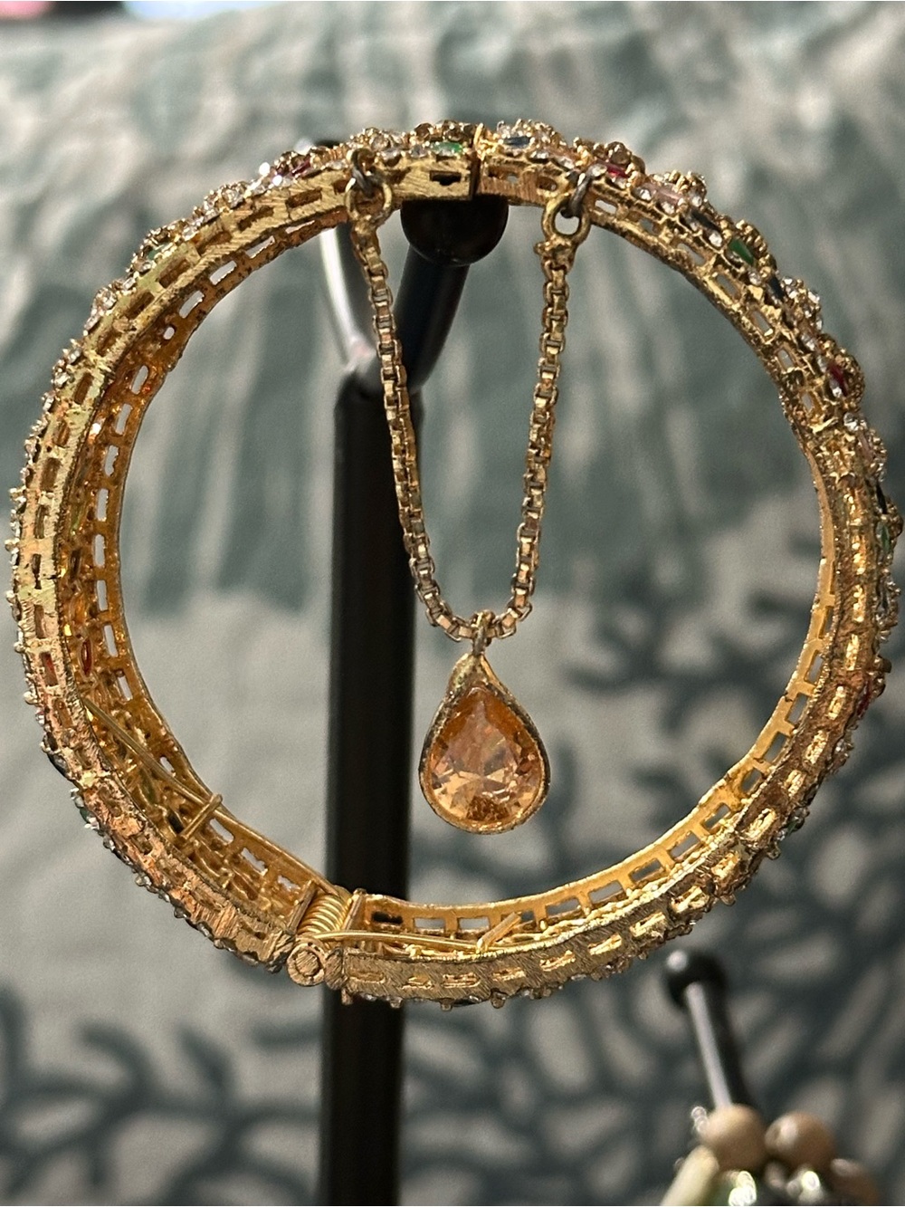 Indian Gold Bracelet with Multi Color Crystal Accents Featuring Amber Pendant